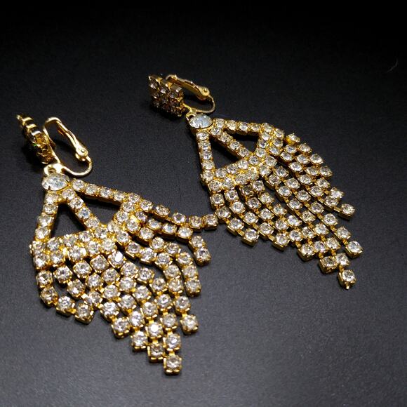 Vintage 1960s Rhinestone Long Dangle Clip Earrings, Gold Plated - Picture 8 of 10